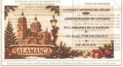 Reverso del d&eacute;cimo 91285 con el sello de la Administraci&oacute;n n&ordm; 1, en Carbajosa de la Sagrada